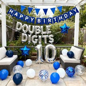 52 Pieces 10th Birthday Decorations for Boys, Blue Silver Double Digits Party Supplies with Happy 10th Birthday Banner, Number 10 Balloons Star Foil Confetti Balloons for 10 Year Old Bday Party Decor