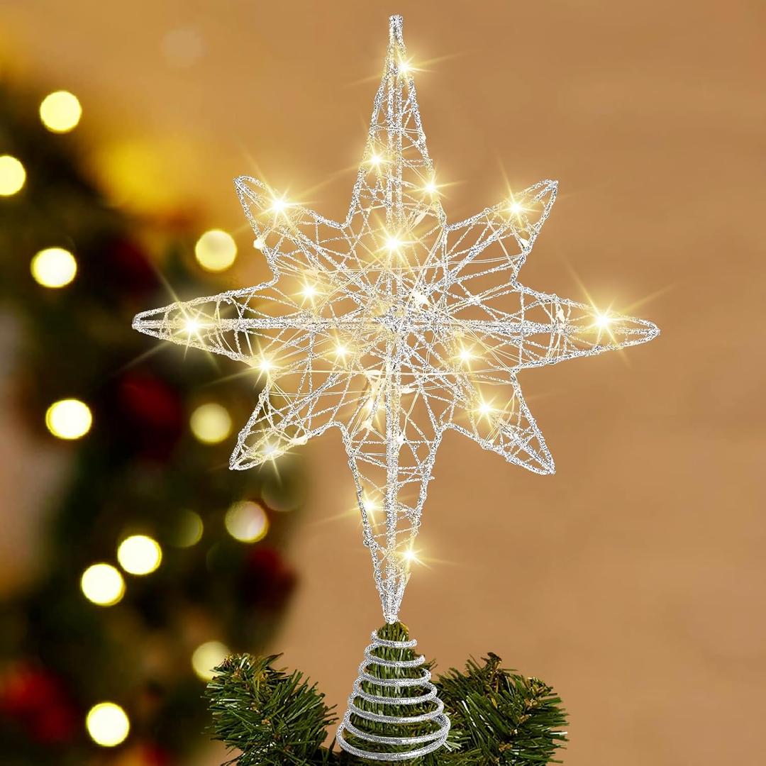 DULEFUN Christmas Tree Topper 13.5 Silvery Star Tree Toppers with 20 LED Lights for Christmas Tree Decorations, Xmas Tree Top Ornament for New Year Holiday Home Office Indoor