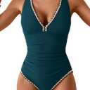 B2prity One Piece Swimsuit for Women Tummy Control Ruched Bathing Suit Push Up Tie Back Swimwear Shell Stitched (Large, Peacock Green, Pink)