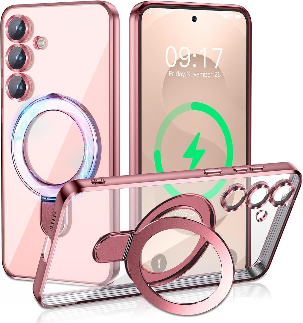 Magnetic Stand & Full Camera Lens Protector Case for Samsung Galaxy S25 Plus [Compatible with MagSafe][Military Drop Protective]Not Yellowing Clear Slim Soft S25 Plus Phone Case for Women Men,Pink