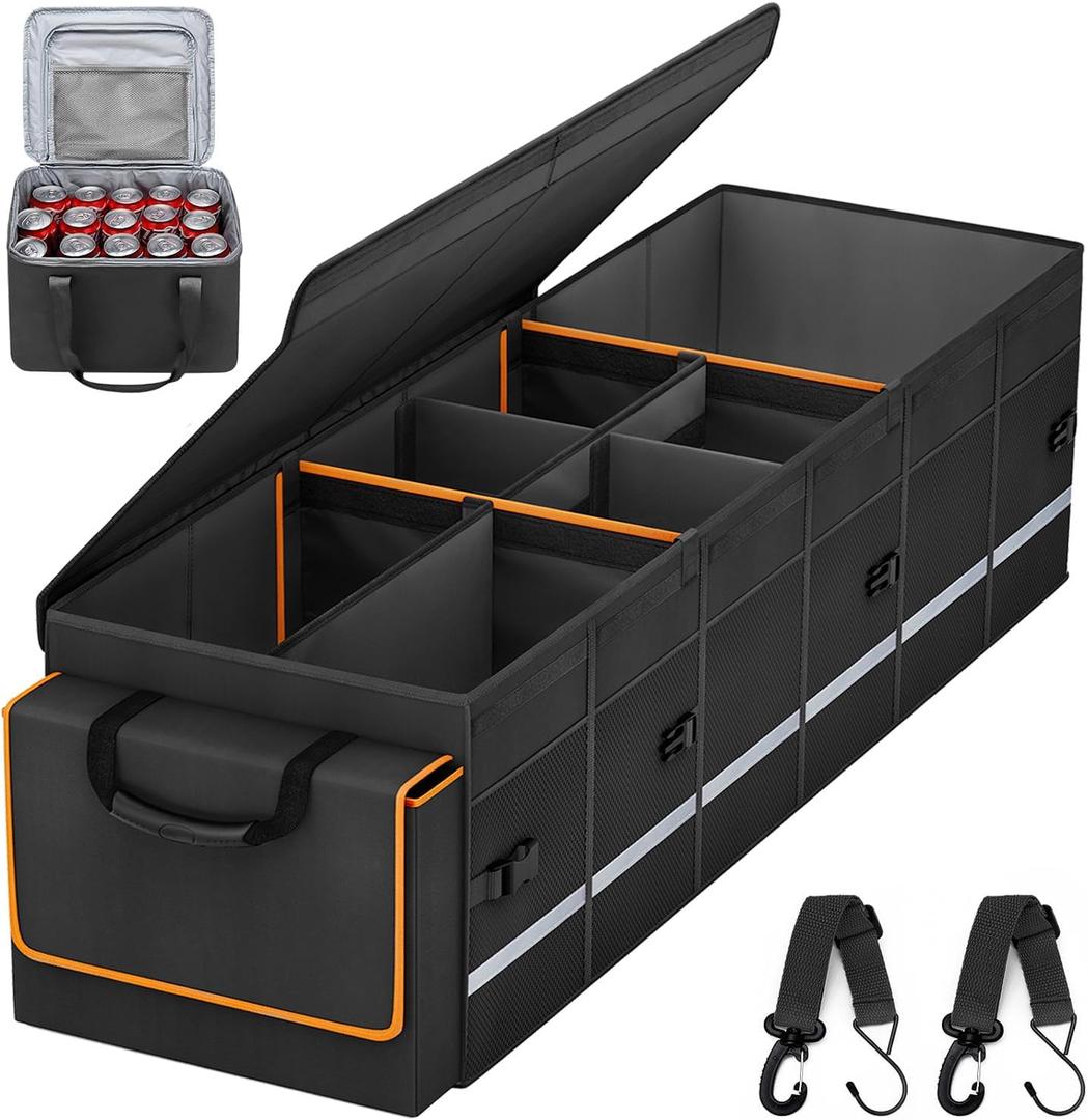 Car Trunk Organizer and Storage with Lid & Removable Leakproof Cooler Bag, Car Accessories 6 Removable Dividers for Custom Space, Collapsible Large Trunk Organizers Interior for SUV Sendan with Cover (Large)