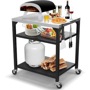 Pizza Oven Table for Ooni, Ninja, Woodfire, Blackstone, Bighorn, Cuisinart, Outdoor Grill Table for Ooni Pizza Oven Accessories, Movable Pizza Oven Stand as Food Prep Cart, Barbecue Tool Set