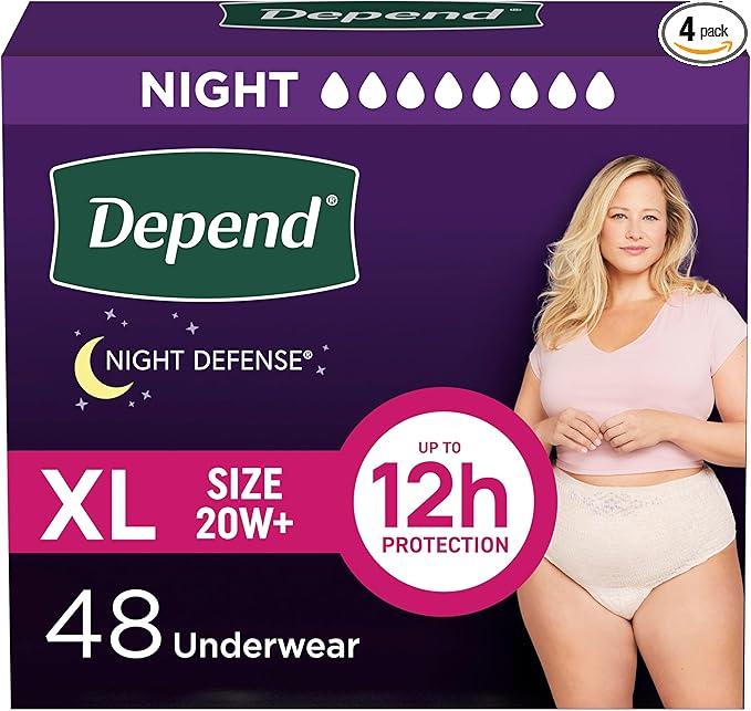 Depend Night Defense Adult Diapers, Incontinence & Postpartum Bladder Leak Underwear for Women, Disposable, Overnight, ExtraLarge, Blush, 48 Count (4 Packs of 12)