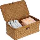 Sumnacon Wicker Basket with Lid Rectangle Woven Baskets for Toiletries Tampon Storage,Wicker Storage Basket with Lid,Decorative Seagrass Storage Baskets for Shelf Bathroom Toilet Table, Caramel