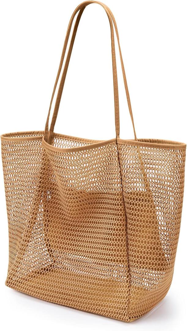 KALIDI BeachNylon Mesh Tote Bag, Casual Tote Bag Hobo Women Foldable MAX 23L Shoulder Bag For Beach Picnic Vacation (Kakhi)