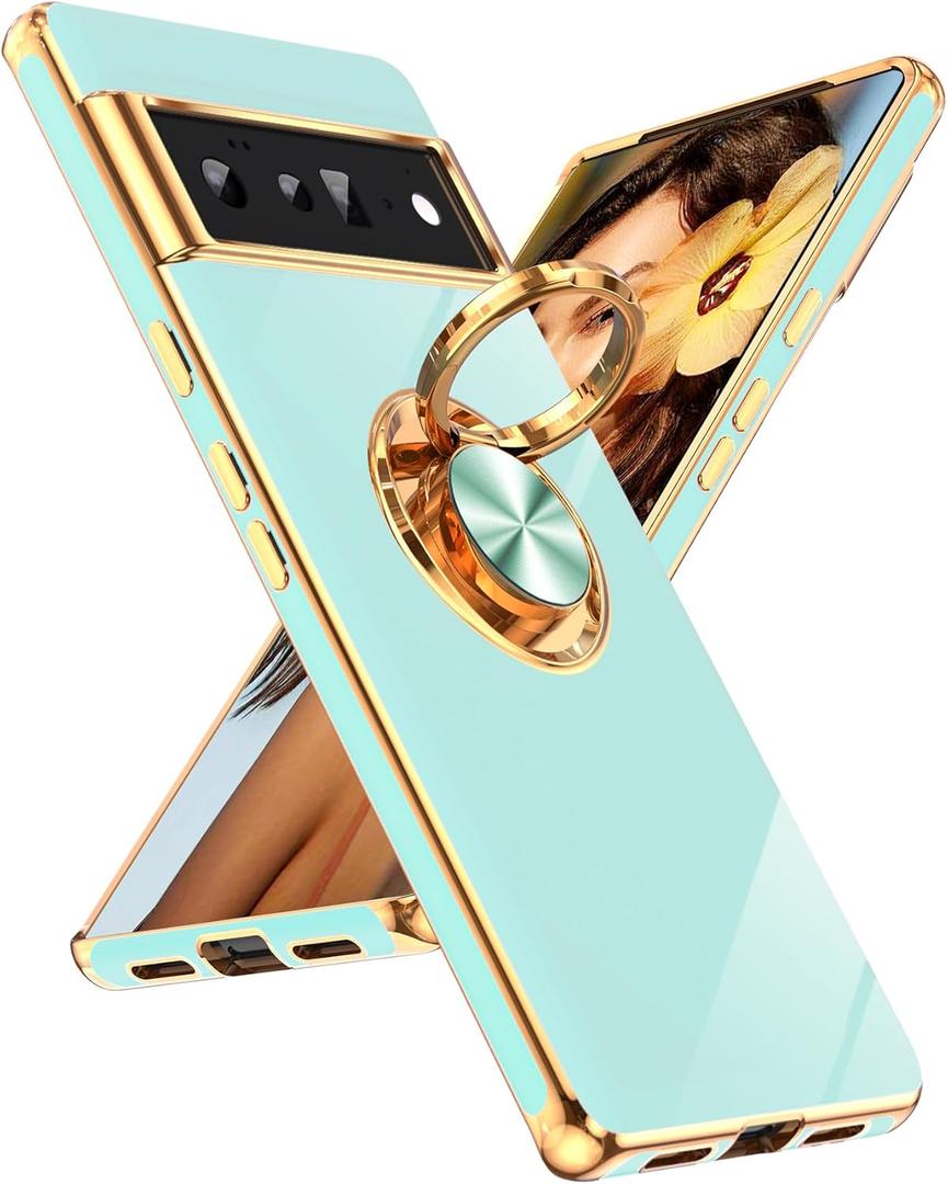 LeYi for Google Pixel 6 Pro Phone Case: 360 Rotatable Ring Holder Magnetic Kickstand, Plating Rose Gold Edge Protective for Google Pixel 6 Pro Case, Mint