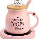 Coffee Mug Warmer, Best Mom Ever Mug, Cute Cat Mug Set, Cup Warmer for Desk, Gifts for Women, Pink Heated Warmer for Mom Home Office Christmas Birthday Gifts