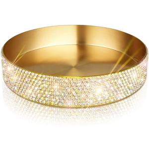 Round Bling Stainless Steel Serving Tray, Shiny Serving Platter for Coffee Table Display, Glitter Rhinestones Decorative Tray for Home Decor (Golden-5.5 inch)