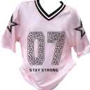 RoseSeek Girl's Jersey Y2K Oversized Graphic Number Print Tops V Neck Short Sleeve T Shirt Hip Pop Tee Streetwear (Pink, S)