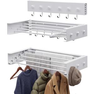 Extra Wide 40" Laundry Drying Rack Wall Mount - Retractable Clothes Drying Rack with 6 Hooks & 6 Knobs, Heavy Duty 60LBS Metal Airer, Large Foldable Wall Hanger for Indoor, 40" Upgrade