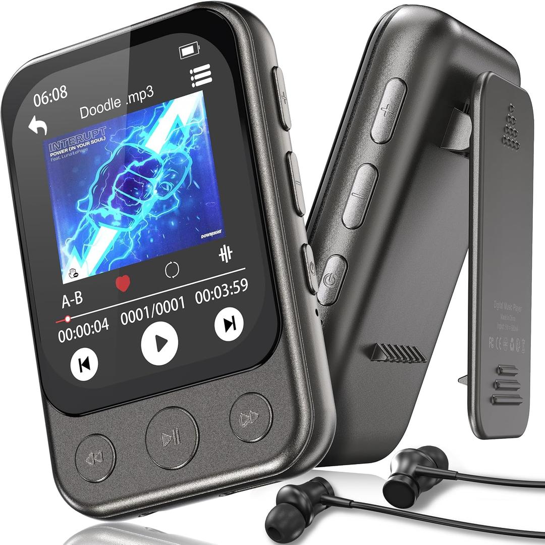 64GB Clip on MP3 Player with Bluetooth 5.3, Built-in Speaker, 2" HD Touchscreen, FM Radio, Voice Recorder, Portable Music Player for Running, Gym, Shuffle Audio Video, Up to 128GB MicroSD Card