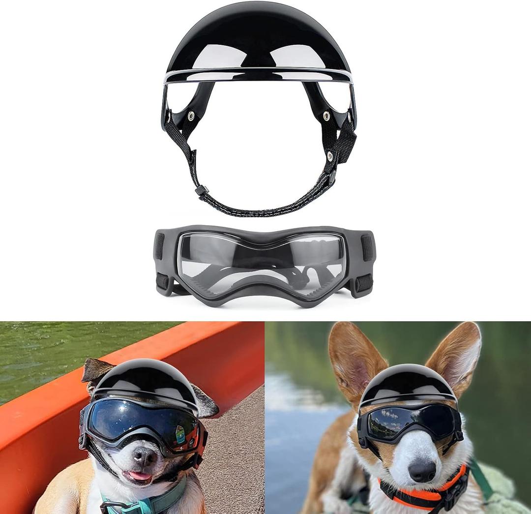 PELESO Dog Helmet and Goggles for Small Dogs - Pet Goggles Pet Motorcycle Helmet Hat with Ear Holes Adjustable Straps Safety Helmet for Puppy Riding - Black