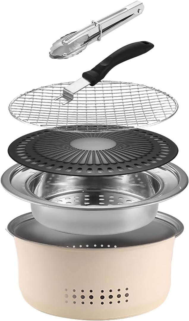 SANQIAHOME Stainless Steel Charcoal Portable Barbecue Grill, 10.5 Inches Non-Stick,Round,Barbecue or Hot Pot, Boiling Water,Charcoal Stove for Home Party Outdoor Camping