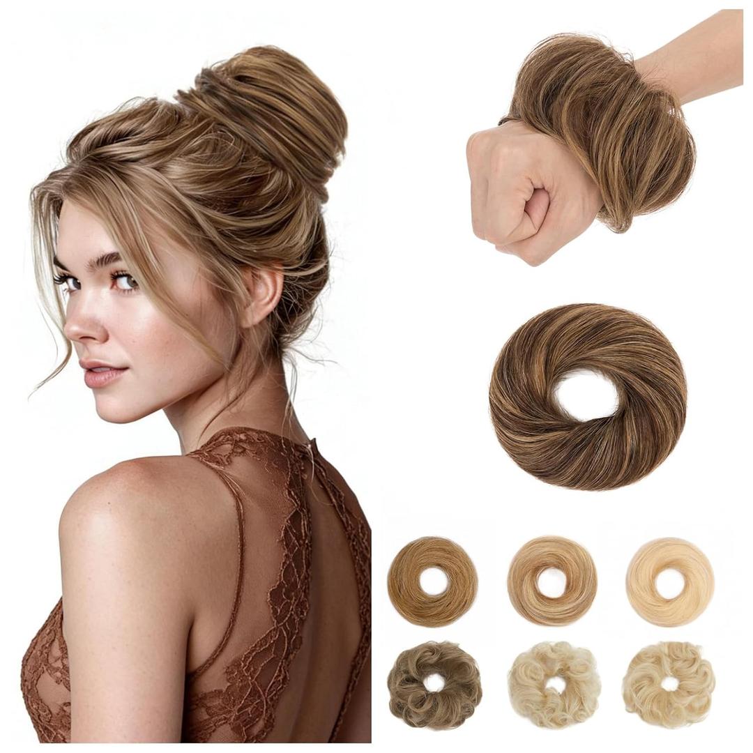 S-noilite Human Hair Messy Bun Hair Piece, Hair Buns for Women,100% Real Hair Bun Wig,Invisible hair buns hair piece Straight-2RP6R Chestnut Blonde Balayage