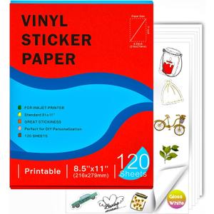 Ruibytree 8.5" x 11" 120 Sheets Printable Waterproof Glossy White Vinyl Sticker Paper for Inkjet Printer, Vivid Colors, Tear Resistance, Easy to cut and peel