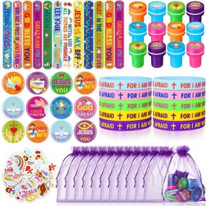 110 Pieces Jesus Party Favors for Kids, Bible Verse Slap Bracelets Stickers Stampers Rubber Bracelets Gift Bags Button Pins for Christian Religious Inspirational Christmas Party Gifts