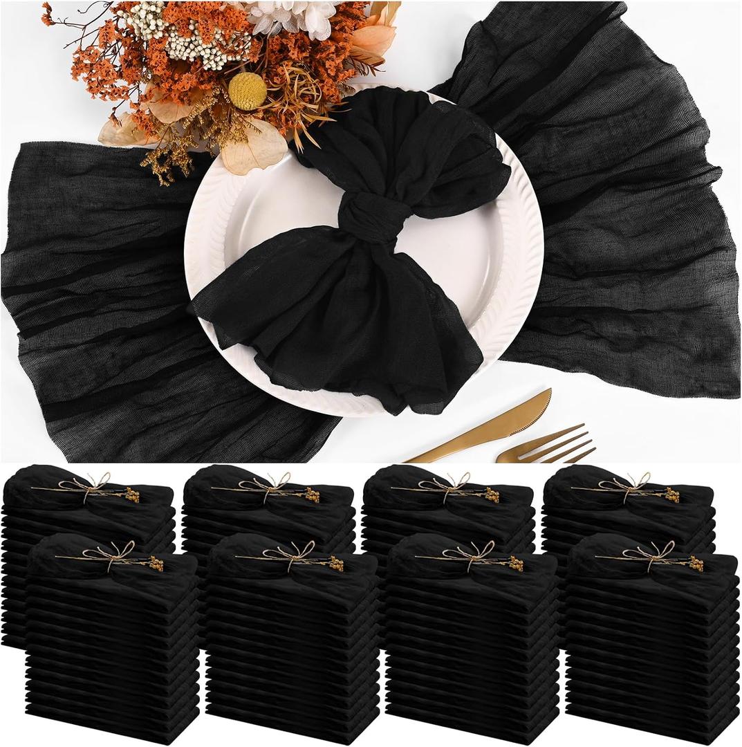 100 Pieces Cloth Napkins Black Dinner Cheesecloth Napkins for Wedding,Wrinkled Cloth Napkins Bulk for Home Party Rustic Table Decoration, 17 x 17 Inch