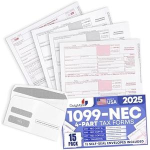 1099 NEC Tax Forms 2025 with Envelopes, 4 Part 15 Pack Tax Forms Kit and 15 Self-Seal Envelopes –Great for QuickBooks and Accounting Software, Value Pack for Business - Made in The USA - 15-Pack