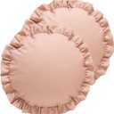 ISAENNE 2 Pcs Classic Pink Round Throw Pillow Cover Diameter 16", Solid Color Cottage Linen Cotton Decor Pillow Cover with Ruffles, Sturdy Throw Pillow Case for Couch Sofa Bed Living Room