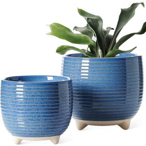 LE TAUCI Ceramic Plant Pots, 5.1 + 6.4 Inch Footed Pots for Plants, Modern Flower Pots for Home and Office, Indoor Planters with Drainage, Reactive Glaze Blue