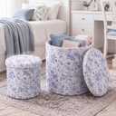 Geetery 2 Pcs Dorm Ottoman with Storage Set Blue Floral Ottoman, 15 inches, 12 inches