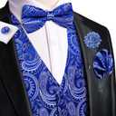 Hi-Tie Silk Mens Suit Vest Tie and Bowtie Lapel Pin Gold Tie Clip Paisley Floral Waistcoat 8PCS Set Tuxedo Wedding Party (Blue)