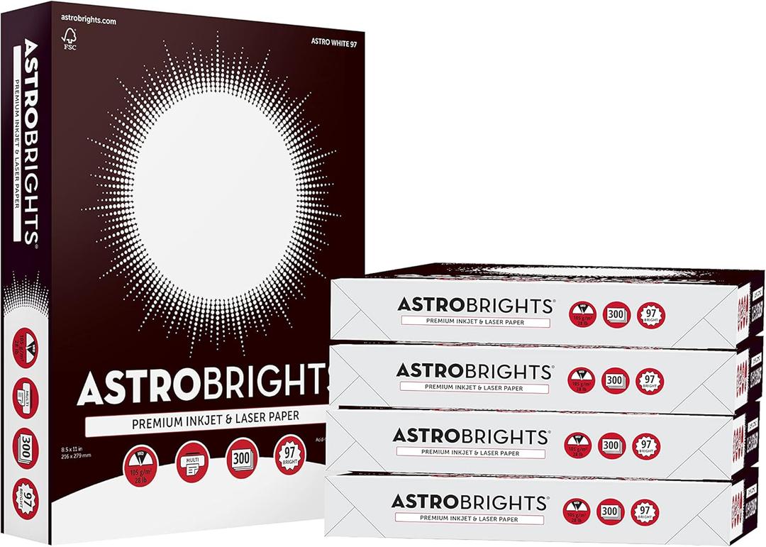 Astrobrights Printer & Copy Paper, 8.5" x 11", 28lb/105gsm, 97 Brightness, White, 5 reams of 300 sheets per ream, 1,500 sheets per carton (91738-01)