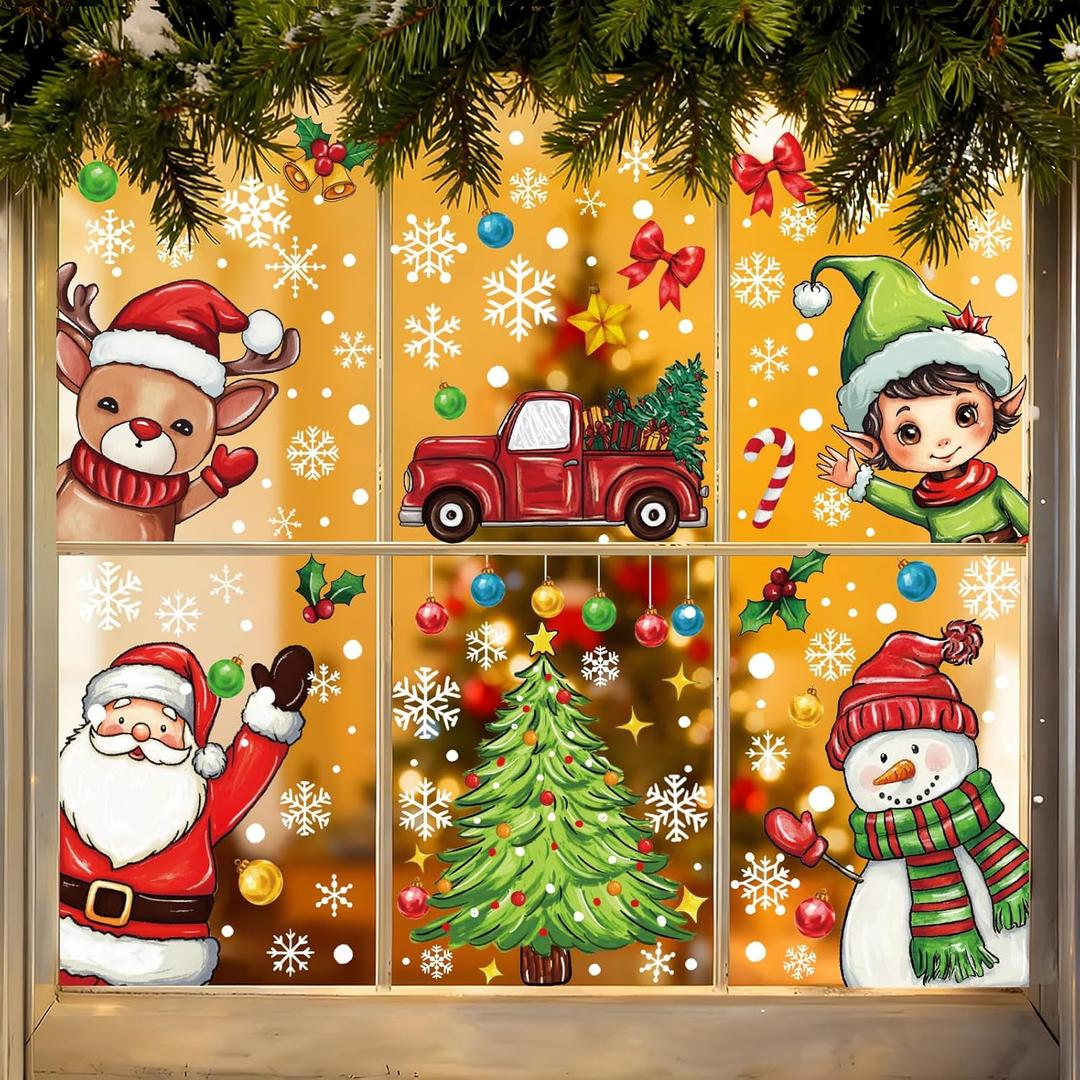 XZENTIRA 199PCS Christmas Window Clings Stickers, Double-Sided Oil Painting Winter Decorations Xmas Decals Indoor Outdoor Snowman Snowflakes Christmas Tree Window Stickers Holiday Party Decorations