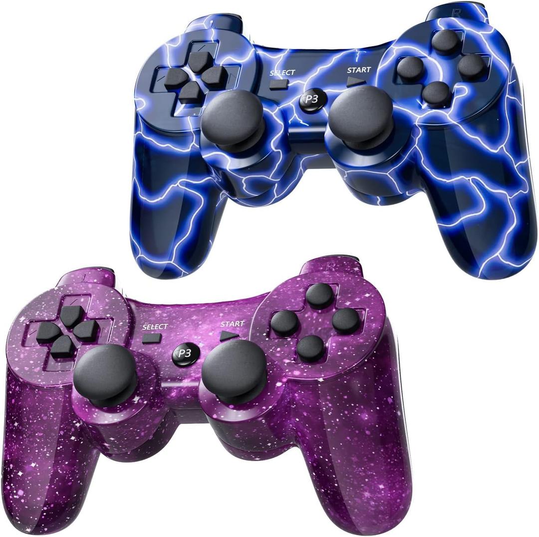 Wireless Controller for PS-3 Motion Sense Double Vibration Upgraded Gaming Remote for Play 3 with Charging Cord (Blue+Purple) (Blue and Pruple)