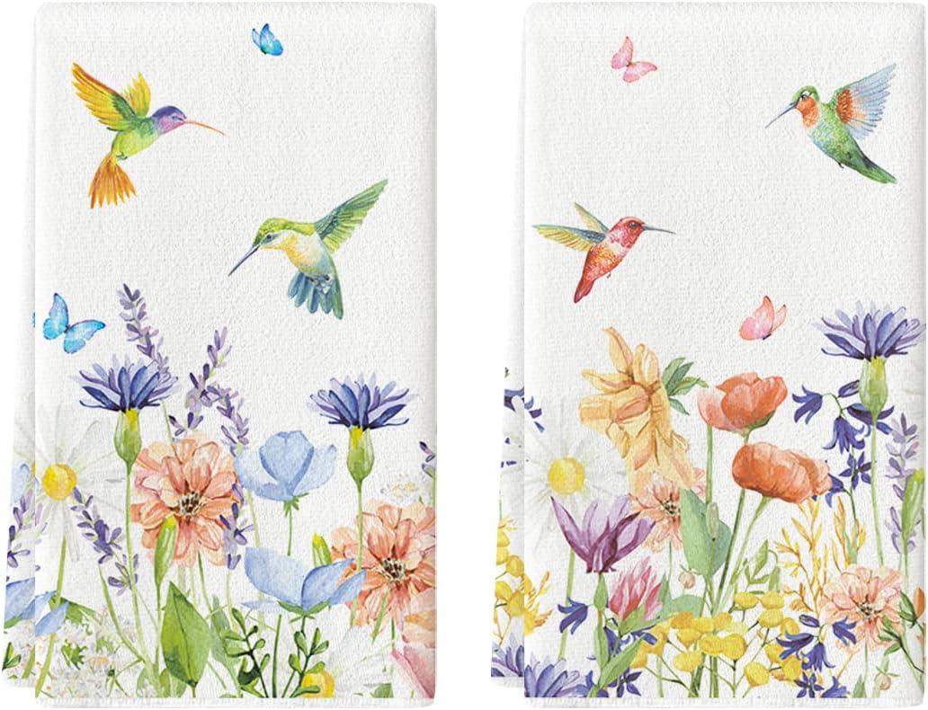 Artoid Mode Anemone Flower Hummingbird Kitchen Towels Dish Towels, 18x26 Inch Seasonal Spring Summer Wild Floral Holiday Decoration Hand Towels Set of 2 (Beige)