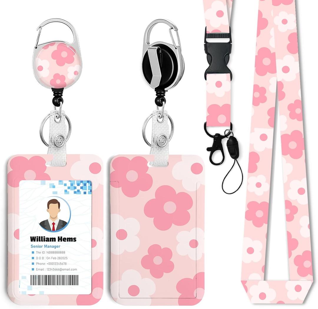 Pink Flowers ID Badge Holder with Breakaway Lanyard &Heavy Duty Retractable Reel-360Rotating Carabiner Keychain for Women Students,Teachers, Nurses, Office Use 10
