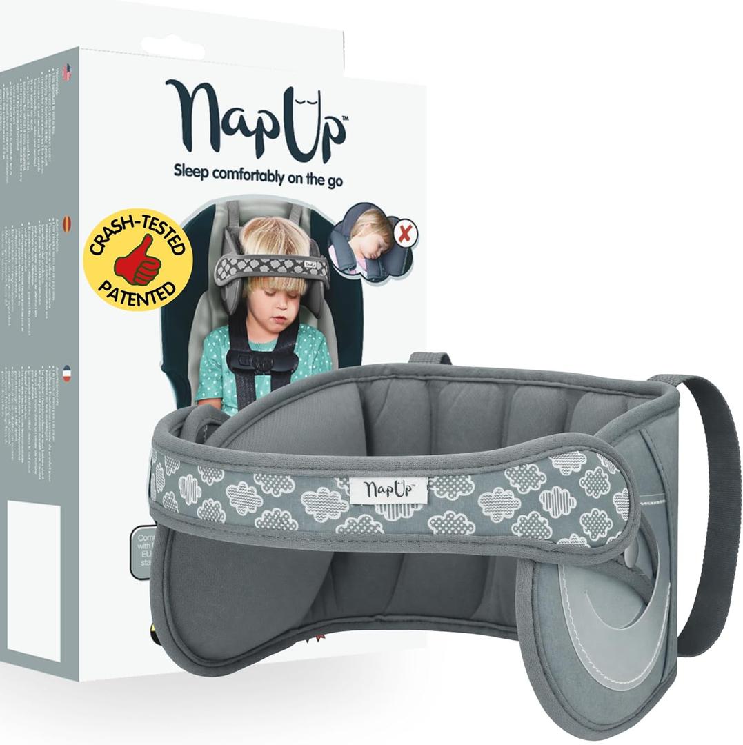 NapUp Adjustable Head Support for Car Seat  Patented & Crash-Tested Anti-Bobbing Head Holder Strap, Comfortable Sleep Solution - Breathable Fabric, Kids Travel Accessories - Ages 2+ - Grey