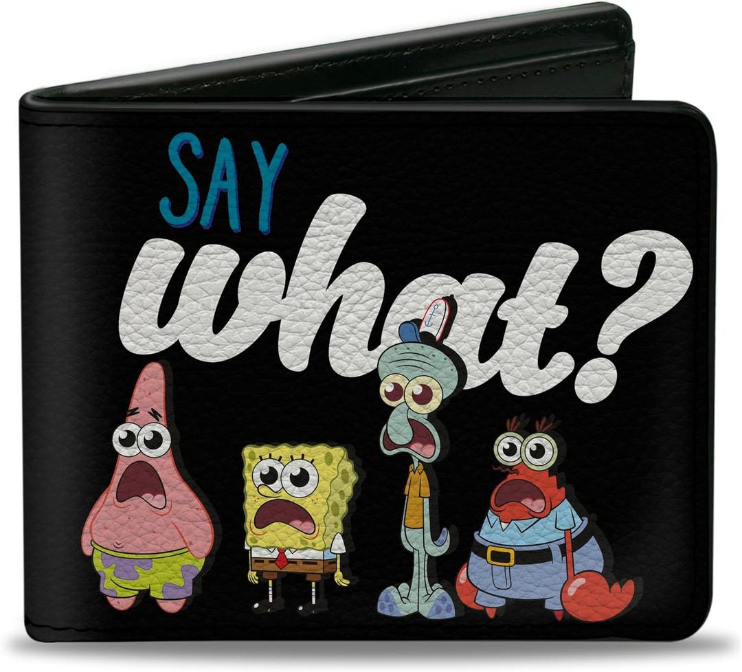 Buckle-Down Men's Standard Nickelodeon Wallet, Bifold, Spongebob Squarepants and Friends Say What Group Pose, Vegan Leather, 4.0" x 3.5"