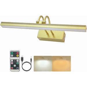 Wireless Picture Light Rechargeable, 2 Colors Painting Lights with Remote, Dimming Gallery Picture Frame Lights for Wall, Art, Photo, Portrait, 13inch(Gold)