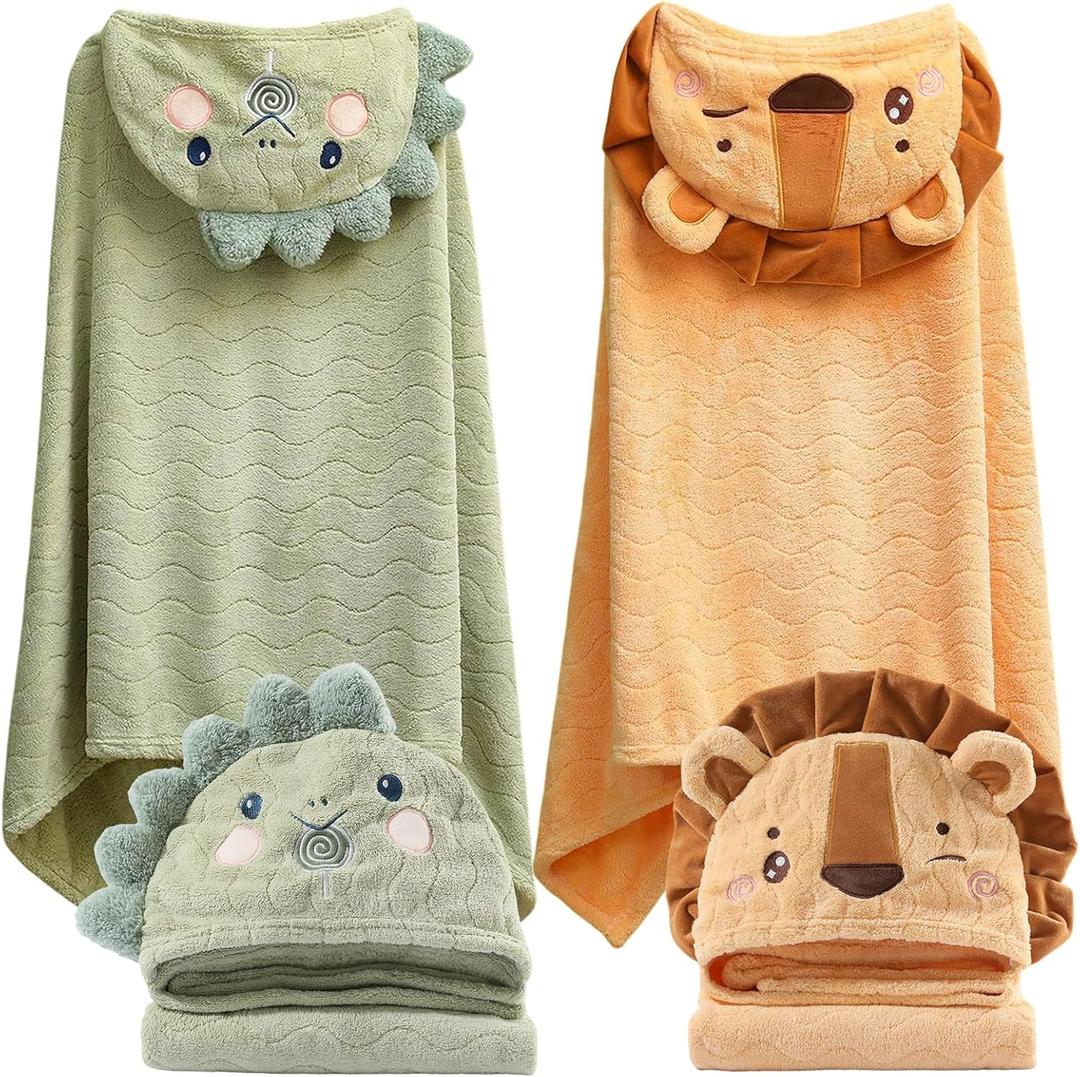 kmilro Toddler Towels with Hood for Boys Girls 0-6 Years 2-Pack Hooded Baby Bath Towels for Kids 27.5"X55" Ultra Absorbent Soft Thick Toddler Bath Towel Baby Beach Towel Bathrobe Toallas para Bebe (Green Dinosaur + Yellow Lion)