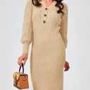 Women's V Neck Lantern Long Sleeve Sweater Dress Sexy Bodycon Cable Ribbed Knit Fall Pullover Midi Dresses Size M