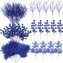 75 Pcs Christmas Glitter Branches 3 Styles Artificial Christmas Picks Berries Stems Pine Needles Floral Twig Spray for Xmas Tree Ornaments DIY Wreath Garland(Blue)