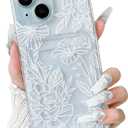 NITITOP Compatible with iPhone 15 Plus Case with Card Holder Clear Cute Line Rose Floral Flowers for Women Girls Soft TPU Wallet Shockproof Protective Cover - White