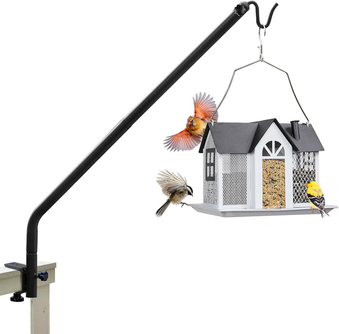 Kingsyard Heavy Duty Deck Hook, 27"39" Adjustable Metal Deck Railing Hooks for Hanging Bird Feeders, Planters, Suet Baskets, Lanterns, Wind Chimes, Clamp Mounted