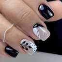 Press On Nails: Short Square False Nails, Black & White, French Tip, Acrylic with Black Leaves & Polka Dots Designs, Glitter, Full Cover, Glossy Black, Stick On, 24Pcs