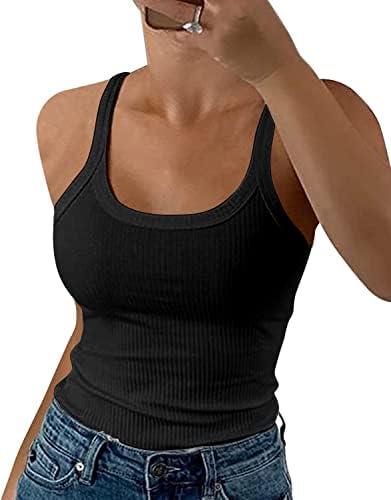 GEMBERA Women Spaghetti Strap Scoop Neck Ribbed Tank Tops Slim Fitted Cotton Camisole Basic Sleeveless Layering Shirts, Size M