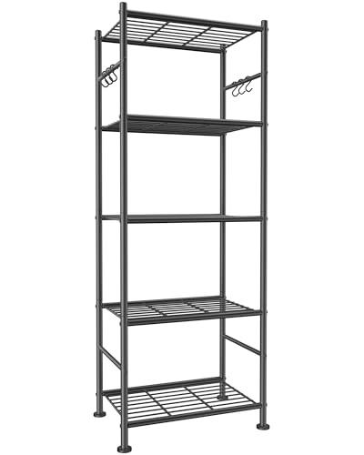 Sakugi Storage Shelves - 5-Tier Large Capacity Shelf Organizer with Hooks, Heavy-Duty Garage Shelving with Leveling Feet, Wobble-Free Rack for Bedroom, Balcony, Garage, 18.1"×12.4"×56.8", Black