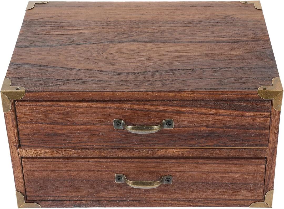 Vintage Wooden Drawer Storage Box Two Drawer Desktop Organizer 9.44X7.08X5.11In Compact Office Organizer with Drawers for Home Desk Accessories and Small Space Storage