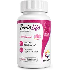 NutraBlast Boric Life Boric Acid Suppositories for Women 600mg, 60 Count