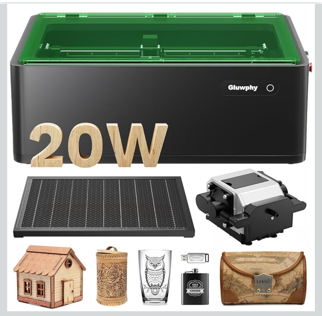 Gluwphy Laser Engraver Machine 20000mW(20W) Enclosed Diode Laser Cutter for Beginner, Class 1 Safety Laser Engraving Machine for Wood, Metal, Acrylic, with Air Assist, Honeycomb, Air Filter, Black