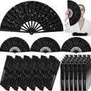 24 Pcs 10 Inch Large Glitter Rave Fan Bulk, Folding Handheld Glitter Fans with Organza Bag, Clacking Fans for Line Dancing Wedding Halloween Costume Party Events Performance (Black)