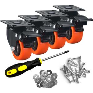 ASHGOOB 2" Caster Wheels Set of 4, Heavy Duty Casters with Brake, No Noise Locking Casters with Orange Polyurethane (PU) Wheels, Swivel Plate Castors Pack of 4