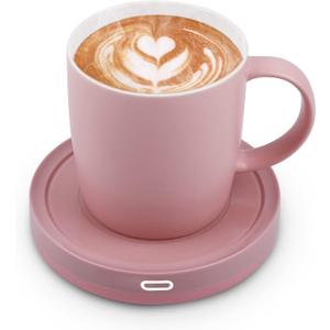 BESTINNKITS Smart Coffee Set Auto On/Off Gravity-induction Mug Office Desk Use, Candle Wax Cup Warmer Heating Plate (Up To 131F/55C), 14oz (Pink Set)