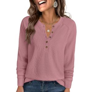 ANRABESS Women's Long Sleeve Waffle Knit Shirts Dressy Casual Loose Button Up V Neck Henley Tops 2026 Fall Basic Tee Blouse (Large, Pink)