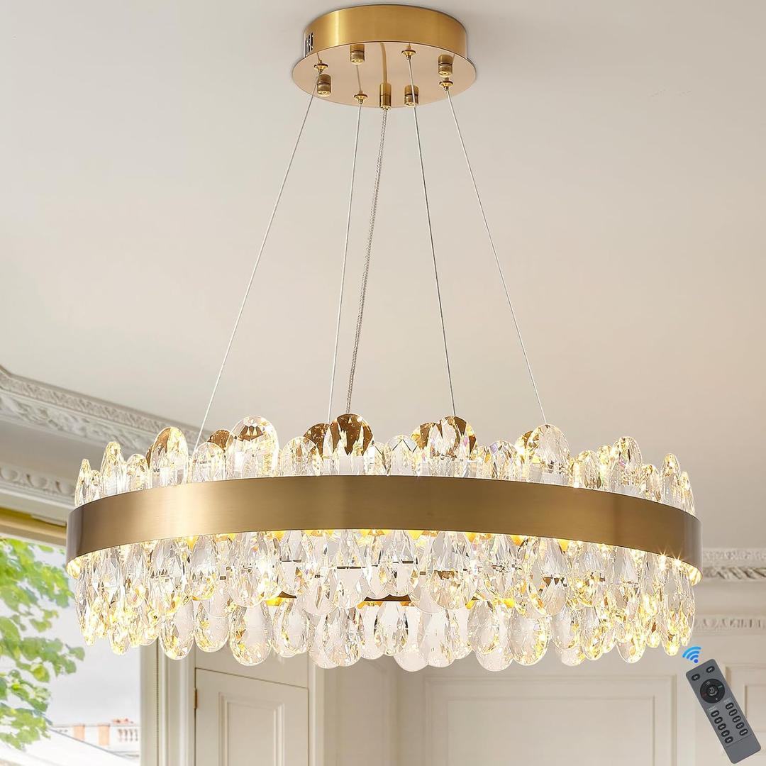Modern Crystal Chandelier Gold LED Chandeliers 23 Round Pendant Light Fixture Dimmable Flush Mount Chandelier for Dining Room Foyer Kitchen, UL Listed (24 inches)
